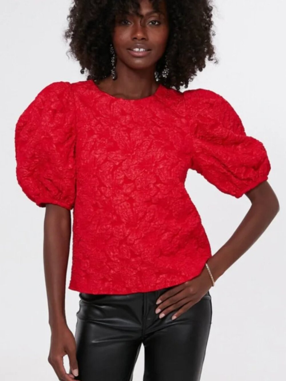 HYACINTH HOUSE Noelle Bright Red Floral Jacquard Puff Sleeve Blouse sz XS